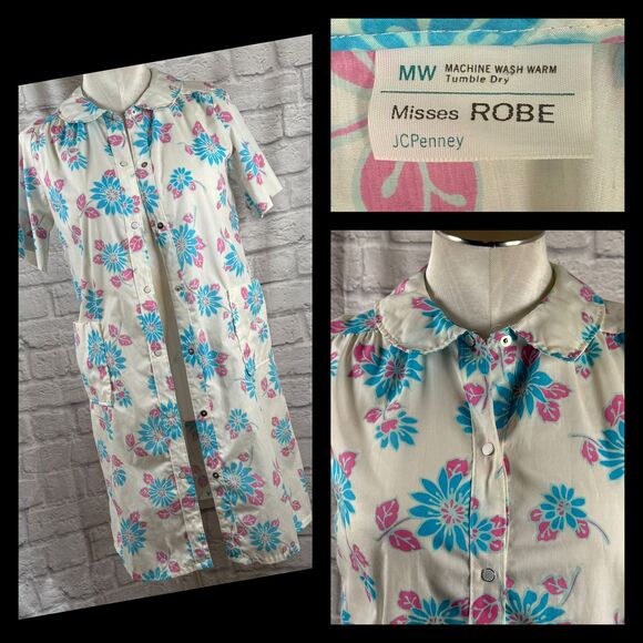 Vtg JCPenney Misses Robe Floral Print Medium Short Sleeve Button-Up House Dress - Picture 1 of 10